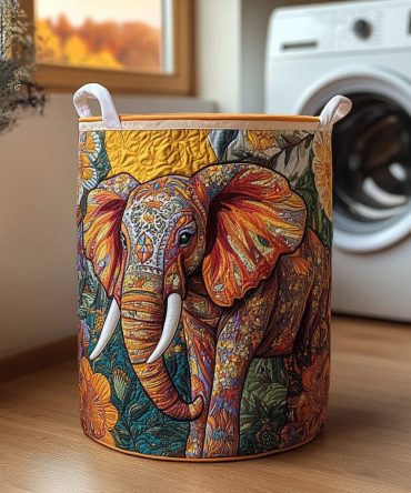 Wild Elephant Quilted Laundry & Toy Basket — Foldable Decorative Hamper With Sturdy Handles For Nursery, Kids’ Room & Bathroom