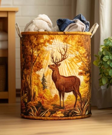 Rustic Quilted Laundry Hamper With Majestic Elk Artwork — Collapsible Cabin-Style Laundry Basket, Durable Bedroom & Lodge Organizer