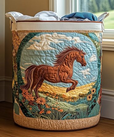 Wild Horse Quilted Laundry Hamper — Rustic Galloping Horse Pattern Fabric Basket With Durable Handles, Collapsible Storage For Country Homes
