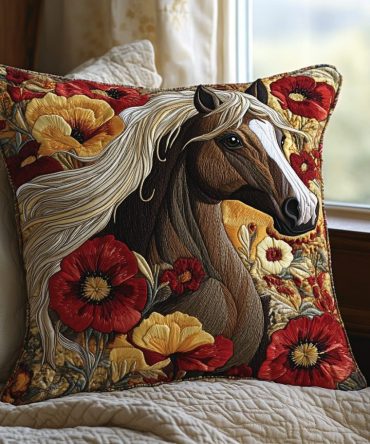 Wild Horse Quilted Decorative Pillow Cover — Western Equestrian Throw Pillowcase, Soft Quilted Cotton Accent For Living Room