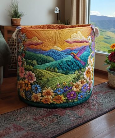 Wild Meadow Large Quilted Laundry Basket — Decorative Fabric Hamper With Sturdy Handles For Bedroom, Bathroom & Nursery Organization