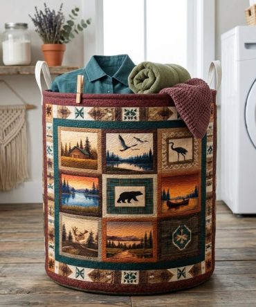 Wild Peaks Quilted Laundry Basket — Mountain Peaks Print Storage Hamper, Large Washable Cotton, Collapsible & Durable Outdoor-Inspired Organizer