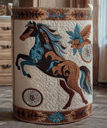 Wild Prairie Hooves Quilted Laundry Hamper — Large Equestrian Print Foldable Fabric Basket With Strong Handles For Rustic Décor