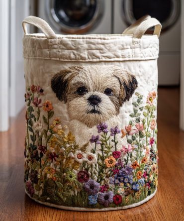Wild Shih Tzu Quilted Laundry & Accent Basket — Foldable Decorative Hamper With Handles For Dog Lovers, Nursery & Home Organization