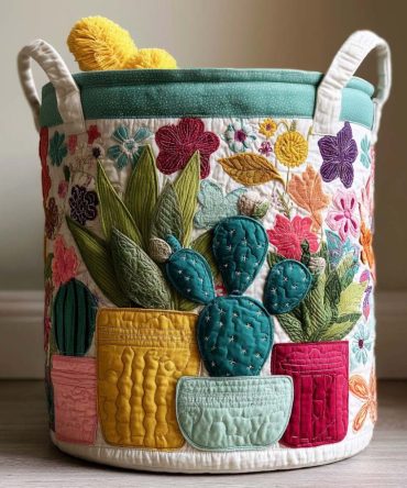 Tropical Wild Succulent Quilted Laundry Hamper — Large Green Succulent Print Fabric Basket, Collapsible Organizer For Home