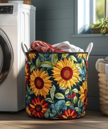 Wild Sunflower Quilted Laundry Hamper — Bold Sunflower Foldable Laundry Basket, Washable Cotton Storage With Sturdy Carry Handles