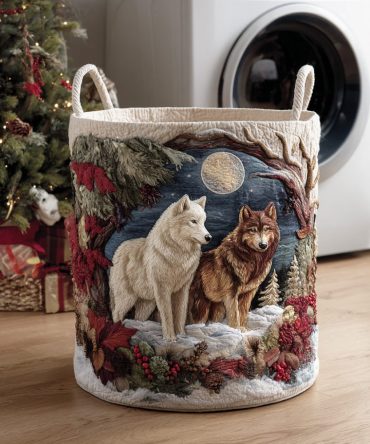 Wild Winter Hunt Quilted Laundry Hamper — Rustic Hunting Scene Foldable Fabric Basket For Cabin, Closet & Mudroom
