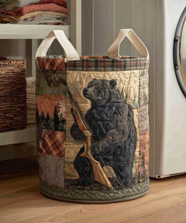 Wilder Bear Quilted Laundry Hamper — Cute Collapsible Laundry Basket For Nursery & Home Décor, Durable Handles, Easy Storage