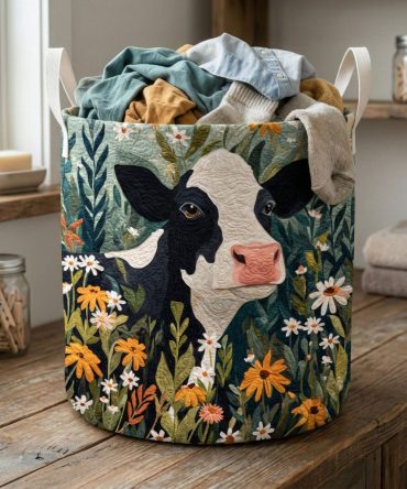 Wildflower Cow Garden Quilted Laundry Hamper — Floral Cow Print Foldable Cotton-Linen Bin With Handles For Rustic Home & Nursery