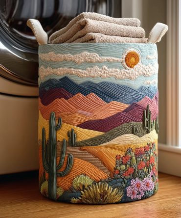 Wildflower Desert Quilted Laundry Hamper — Boho Floral Quilted Fabric Laundry Basket With Handles, Collapsible & Washable