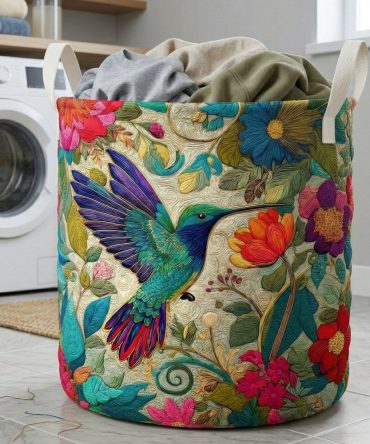 Wildflower Flight Quilted Laundry Hamper - Floral Foldable Basket With Soft Quilting, Lightweight Carry Handles & Versatile Home Storage