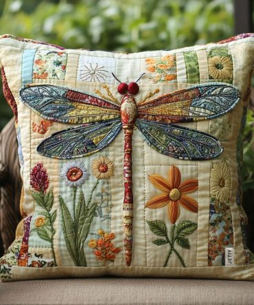 Wildflower Flight Quilted Pillow Cover – Rustic Meadow Dragonfly Throw Case For Cozy Farmhouse, Cottage & Boho Décor, Easy Care