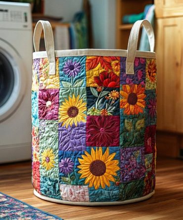Wildflower Patchwork Quilted Hamper — Boho Foldable Laundry Basket, Large Soft Fabric Storage Bin With Handles & Machine-Washable Liner