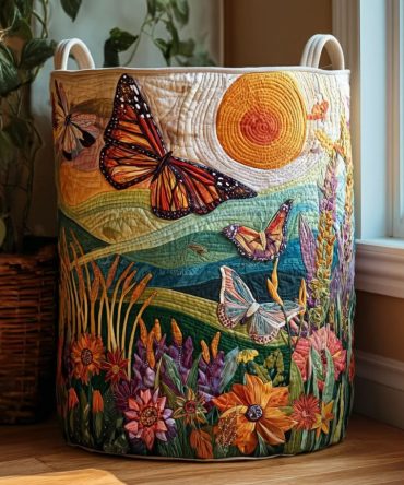 Wildflower Wings Quilted Fabric Laundry Hamper — Large Foldable Clothes Basket With Handles, Floral Butterfly Accents For Chic Storage