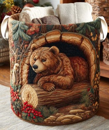 Wildwood Bear Quilted Laundry Hamper - Whimsical Woodland Fabric Basket, Sturdy Foldable Storage For Kids & Adults