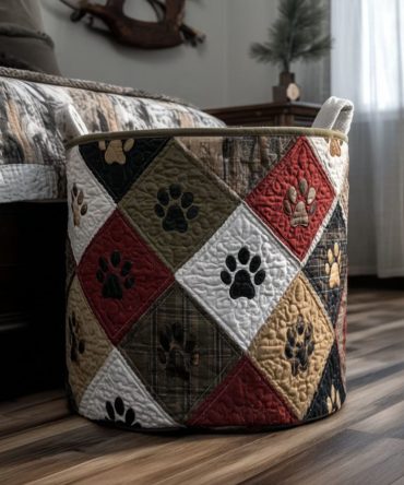 Wildwood Paw Quilted Laundry Hamper — Nature-Inspired Paw Print Design, Foldable Padded Fabric Basket With Handles & Removable Liner
