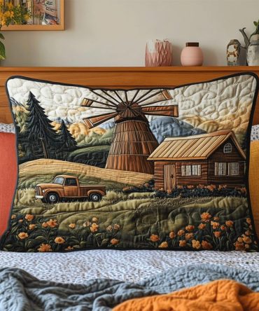 Windmill Serenity Quilted Pillow Cover — Serene Country Quilted Pillowcase For Rustic, Farmhouse & Relaxed Bedroom Styling