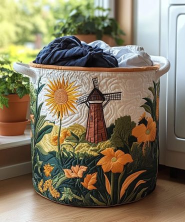 Windmill Bloom Quilted Laundry Hamper — Floral Windmill Pattern Fabric Laundry Bin, Foldable With Durable Handles