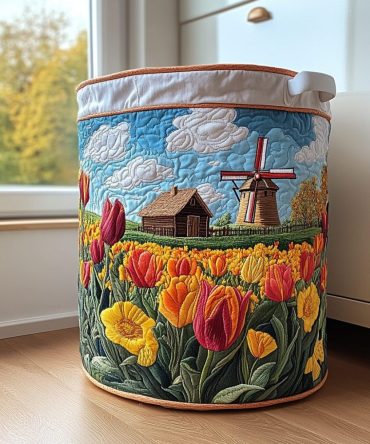 Windmill Dream Quilted Laundry Hamper — Cottage-Style Decorative Fabric Basket, Collapsible & Sturdy For Everyday Laundry And Home Storage
