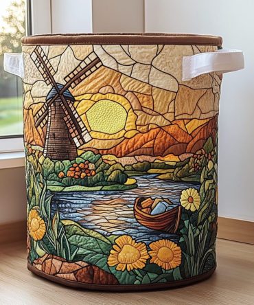 Windmill Field Quilted Laundry Hamper — Rustic Windmill Print Fabric Laundry Basket, Foldable With Reinforced Handles
