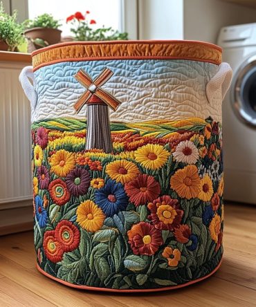 Windmill Meadow Quilted Laundry Hamper — Charming Meadow Print Laundry Basket, Collapsible & Machine‑Friendly Liner