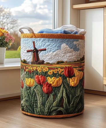 Windmill Spirit Quilted Laundry Hamper — Rustic Cottage Fabric Basket, Collapsible Storage With Reinforced Handles For Stylish Home Organization