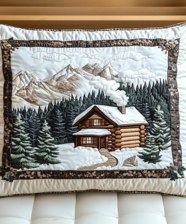 Winter Cabin Mountain Quilted Pillow Cover — Cozy Alpine Decorative Throw Pillow Case For Ski Lodge, Holiday & Chalet Décor