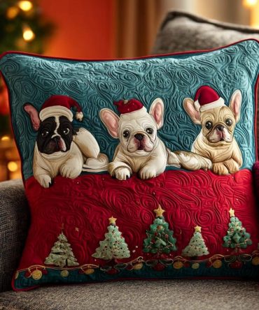 Winter Frenchie Dog Quilted Pillow Cover — Cute French Bulldog Holiday Throw For Couch Or Nursery, Soft Warm Decorative Accent, Gift Idea