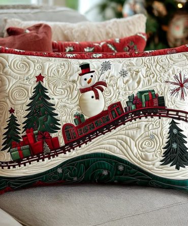 Winter Wonderland Tracks Quilted Pillow Cover — Cozy Festive Throw Pillow Case With Snowy Motif For Holiday Bedroom & Living Room
