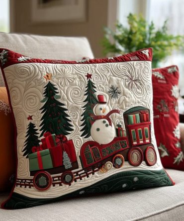 Winter Wonderland Tracks Quilted Pillow Cover — 18X18In Snowy Train Track Throw, Nordic Holiday Accent, Soft Cozy Decorative Cushion Case