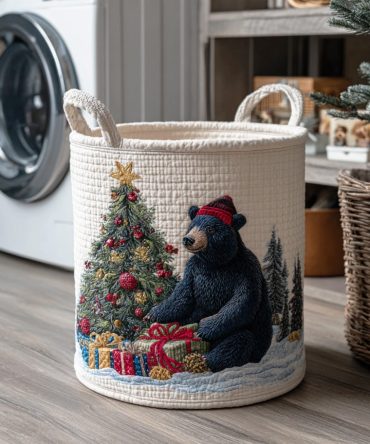 Winter Bear Dream Quilted Laundry Hamper — Dreamy Bear Print Fabric Basket, Collapsible Large Hamper With Handles For Stylish Bedroom & Nursery Storage