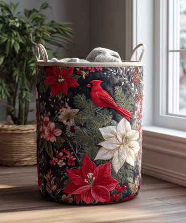 Winter Bloom Quilted Laundry Hamper — Floral Collapsible Storage Basket With Handles, Soft Liner & Decorative Design For Bedroom Or Laundry Room