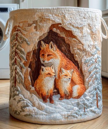 Winter Fox Quilted Fabric Laundry Hamper — Cozy Cabin-Style Clothes Basket, Foldable Storage With Handles For Seasonal Home Decor