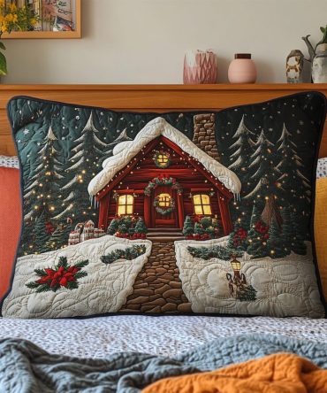 Rustic Winter Cabin Quilted Pillow Cover — Soft Decorative Pillowcase For Bed, Sofa & Holiday Decor, Premium Cotton Blend, Machine Washable