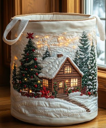 Cozy Winter Cabin Quilted Laundry Hamper - Rustic Cabin Print Foldable Fabric Storage Basket With Handles For Clothes & Linens