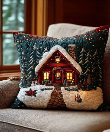 Rustic Winter Cabin Quilted Pillow Cover — Cozy Lodge-Style Decorative Throw Cushion Case For Seasonal & Everyday Use