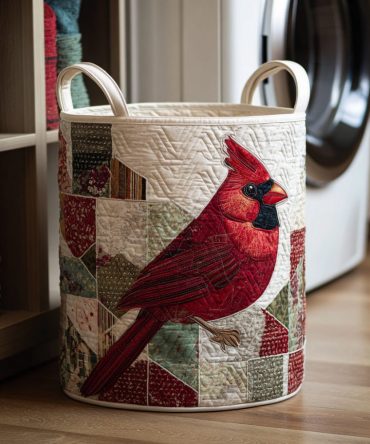 Winter Cardinal Quilted Laundry Hamper - Festive Bird Print Foldable Fabric Basket With Handles For Seasonal & Year-Round Storage