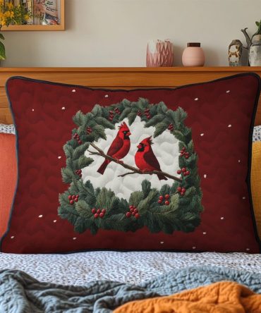 Winter Cardinal Quilted Pillow Cover — Festive Red Cardinal Decorative Quilted Pillowcase For Holiday, Cabin & Seasonal Home Decor