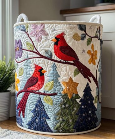 Winter Cardinal Quilted Laundry Hamper — Cozy Seasonal Fabric Basket, Collapsible & Machine-Washable With Reinforced Handles For Easy Carry