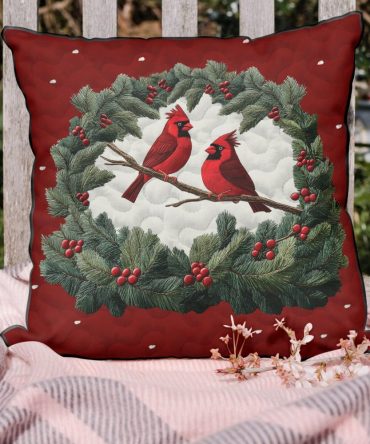 Cardinal Quilted Pillow Cover - Red Winter Bird Throw Pillowcase For Holiday & Seasonal Home Decor, Soft Quilted Accent Case