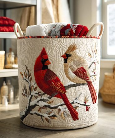 Winter Cardinals Quilted Laundry Hamper - Festive Decorative Fabric Basket With Handles , Holiday-Themed, Durable & Machine-Washable