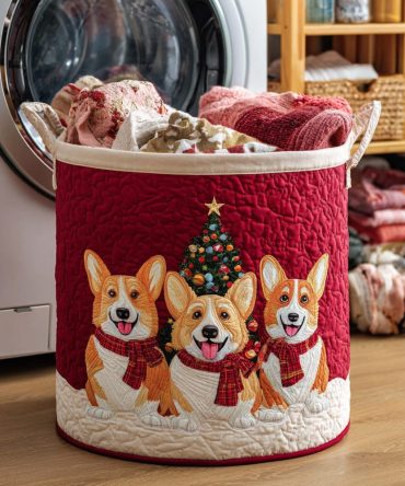 Winter Corgis Quilted Laundry Hamper — Snowy Dog Print Foldable Fabric Basket, Reinforced Handles, Cozy Seasonal Storage