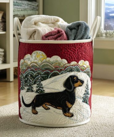 Winter Dachshund Quilted Laundry Hamper - Charming Dog Print Collapsible Fabric Basket, Cozy Storage For Blankets, Laundry & Pet Accessories