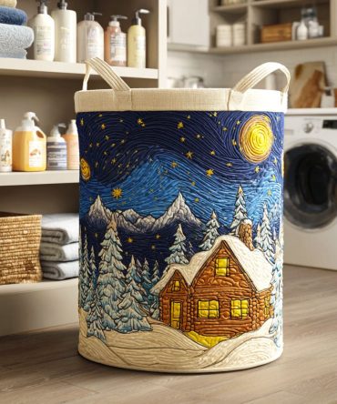 Winter Dream Quilted Laundry Hamper — Snowy Pattern Foldable Laundry Basket With Handles , Soft Padded Organizer For Home