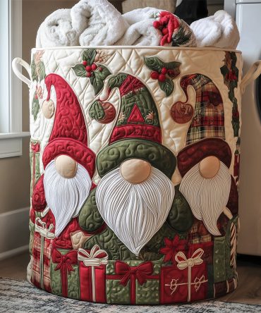 Winter Gnome Quilted Holiday Laundry Hamper – Charming Gnome Print Foldable Fabric Basket For Seasonal Décor & Gift Giving