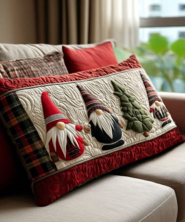 Winter Gnomes Quilted Pillow Cover — Whimsical Holiday Pillowcase With Festive Gnome Design, Soft Quilting, Machine Washable Accent