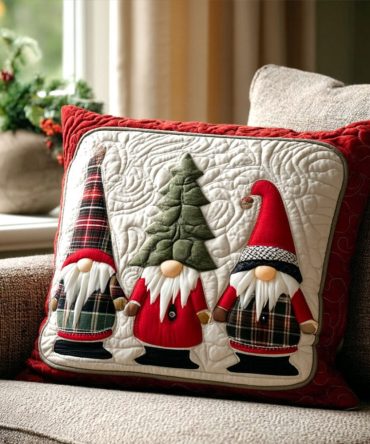 Cozy Winter Gnomes Quilted Throw Pillow Cover — Whimsical Holiday Cushion Case For Sofa, Bed & Festive Decor