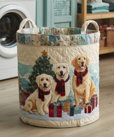 Winter Golden Retriever Quilted Laundry Basket — Cozy Dog Print Hamper, Collapsible Fabric Laundry Organizer With Reinforced Handles