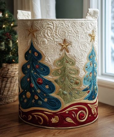 Winter Grove Quilted Laundry Hamper — Cozy Seasonal Fabric Storage Basket, Foldable Organizer With Durable Handles