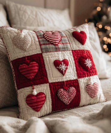 Winter Heart Quilted Pillow Cover — Cozy Holiday Heart Motif Throw Pillowcase, Festive Farmhouse Accent For Seasonal Decor